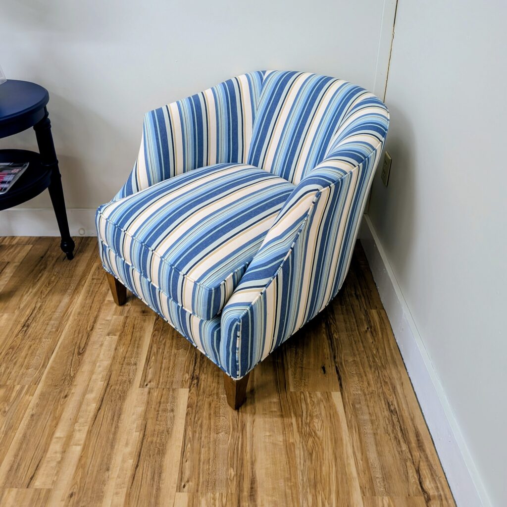 Barrel Chair in Lotus Blue Fabric