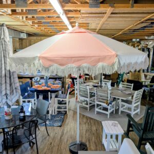 9' Pulley Umbrella with Candy Pink/White Canopy and Fringe